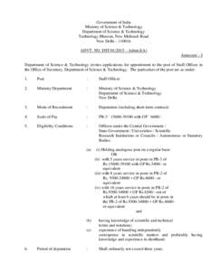 Government of India Ministry of Science & Technology Department of Science & Technology Technology Bhawan, New Mehrauli Road New Delhi – ADVT. NO. DST – Admn.I(A)