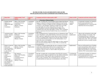 MATRIX ON THE STATUS OF IMPLEMENTATION OF THE TRUTH and RECONCILIATION COMMISSION RECOMMENDATIONS Imperative Implementing /Lead/ Agency