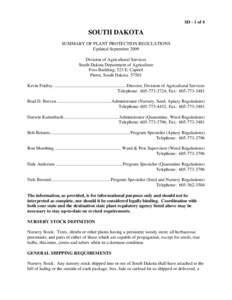 SD - 1 of 4  SOUTH DAKOTA SUMMARY OF PLANT PROTECTION REGULATIONS Updated September 2009 Division of Agricultural Services