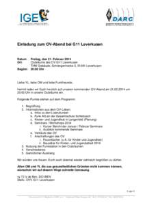 Einladung zum OV-Abend bei G11 Leverkusen  Datum: Ort:  Freitag, den 21. Februar 2014