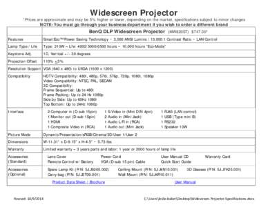 Widescreen Projector  *Prices are approximate and may be 5% higher or lower, depending on the market, specifications subject to minor changes NOTE: You must go through your business department if you wish to order a diff