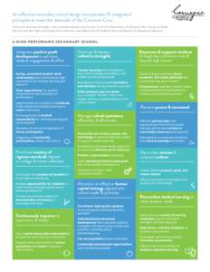 An effective secondary school design incorporates 10 integrated principles to meet the demands of the Common Core. These were developed through a scan of design principles used by New York City Department of Education, N