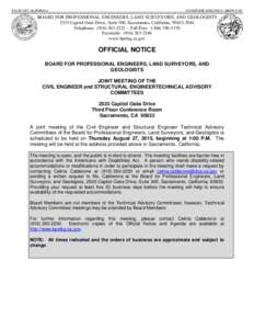 STATE OF CALIFORNIA  GOVERNOR EDMUND G. BROWN JR. BOARD FOR PROFESSIONAL ENGINEERS, LAND SURVEYORS, AND GEOLOGISTS 2535 Capitol Oaks Drive, Suite 300, Sacramento, California, 