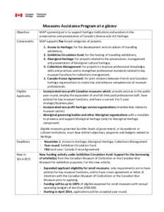 Museums Assistance Program at a glance Objective MAP’s general goal is to support heritage institutions and workers in the preservation and presentation of Canada’s diverse and rich heritage.