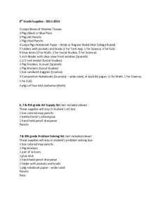 8th$Grade$Supplies$8$$ $ 3)Large)Boxes)of)Kleenex)Tissues) 3)Pkgs)Black)or)Blue)Pens) 3)Pkgs)#2)Pencils) 1)Pkgs)Red)Pencils)