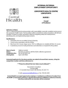 INTERNAL/EXTERNAL EMPLOYMENT OPPORTUNITY LEWISPORTE HEALTH CENTRE LEWISPORTE NURSE I Casual