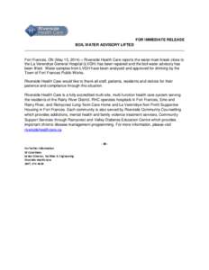 FOR IMMEDIATE RELEASE BOIL WATER ADVISORY LIFTED