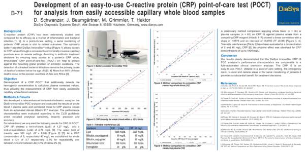 B-71  Development of an easy-to-use C-reactive protein (CRP) point-of-care test (POCT) for analysis from easily accessible capillary whole blood samples D. Schwanzar, J. Baumgärtner, M. Grimmler, T. Hektor DiaSys Diagno