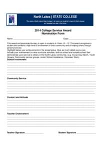 2014 College Service Award Nomination Form Name ________________________ Class ________________________