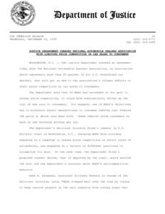 Justice Department Charges National Automobile Dealers Association With Limiting Price Competition in Car Sales to Consumers
