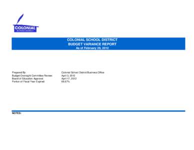 COLONIAL SCHOOL DISTRICT BUDGET VARIANCE REPORT As of February 29, 2012 Prepared By: Budget Oversight Committee Review: