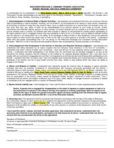 WISCONSIN DRESSAGE & COMBINED TRAINING ASSOCIATION WAIVER, RELEASE, AND HOLD HARMLESS AGREEMENT In consideration for my participation in the [Patti Becker Clinic - May 6, 2018 or Oct. 7, hereafter, “the Activity