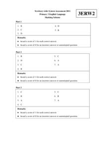 Territory-wide System Assessment 2011 Primary 3 English Language Marking Scheme Part 1 1. B