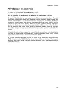 Appendix 2: Floristics  APPENDIX 2: FLORISTICS FLORISTIC IDENTIFICATIONS AND LISTS B. P. M. Hyland, K. D. Sanderson, R. K. Hewett, M. G. Bradford and A. J. Ford On each of the 20 plots, all enumerated trees ≥10 cm dbh 