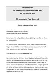 Haushaltsrede zur Einbringung des Haushaltes 2009 am 26. Januar 2009