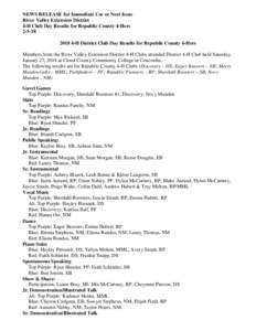 NEWS RELEASE for Immediate Use or Next Issue River Valley Extension District 4-H Club Day Results for Republic County 4-HersH District Club Day Results for Republic County 4-Hers Members from the River Val