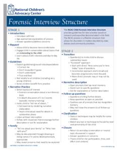 Forensic Interview Structure STAGE 1 • Introductions »	 Introduce self/role »	 Age appropriate explanation of process