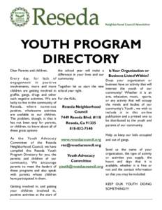 Neighborhood Council Newsletter  YOUTH PROGRAM DIRECTORY Dear Parents and children,