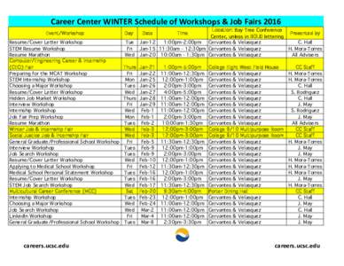 Career	
  Center	
  WINTER	
  Schedule	
  of	
  Workshops	
  &	
  Job	
  Fairs	
  2016 Event/Workshop Day  Location: Bay Tree Conference