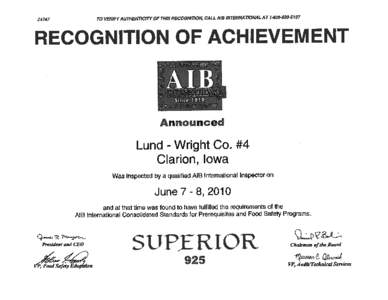 Recognition of Achievement-Wright County Egg, June 2010