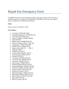 Rupak Das Emergency Fund GAABESU Emergency Fund Committee launched a fund drive to help a fellow alumnus in medical emergency. An appeal from Sri Rupak DasME in CE) along with a medical report is attached here for