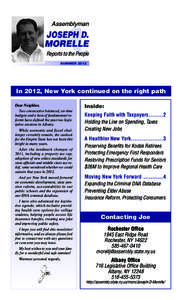 Assemblyman  JOSEPH D. MORELLE Reports to the People SUMMER 2012