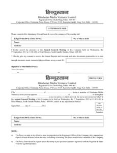 Hindustan Media Ventures Limited  Registered Office: Budh Marg, Patna[removed]Corporate Office: Hindustan Times House, 2nd Floor, 18-20, Kasturba Gandhi Marg, New Delhi[removed]ATTENDANCE SLIP Please complete this At