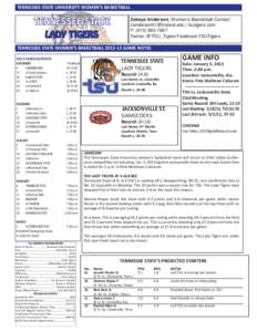 TENNESSEE STATE UNIVERSITY WOMEN’S BASKETBALL  TENNESSEE STATE LADY TIGERS  Zekeya Anderson, Women’s Basketball Contact