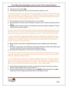 Tri-Valley Housing Opportunity Center 2013 Annual Report • • Total clients served in 2013: [removed]households completed the 8 hour First time homebuyer education course.