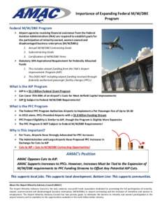 Importance of Expanding Federal M/W/DBE Program Federal M/W/DBE Program  Airport agencies receiving financial assistance from the Federal Aviation Administration (FAA) are required to establish goals for the participa