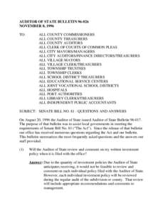 AUDITOR OF STATE BULLETIN[removed]NOVEMBER 8, 1996 TO: ALL COUNTY COMMISSIONERS ALL COUNTY TREASURERS