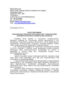 PRESS RELEASE Diocese of the Armenian Church of Australia & New Zealand 10 Macquarie Street Chatswood NSW 2067 AUSTRALIA Contact: Rev. Fr. Avetis Hambardzumyan