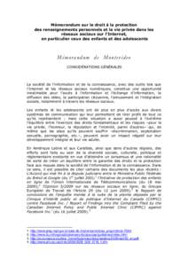 Mémorandum sur le droit à la protection des renseignements personnels et la vie privée dans les réseaux sociaux sur l’Internet, en particulier ceux des enfants et des adolescents  Mémorandum de Montevideo