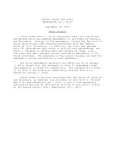 UNITED STATES TAX COURT WASHINGTON, D.C[removed]September 18, 2009 PRESS RELEASE Chief Judge John O. Colvin announced today that the United States Tax Court has adopted amendments to its Rules of Practice