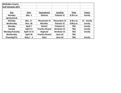 McMullen County Golf Schedule 2014 Day Monday Spring Break Monday