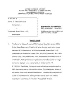 Administrative Complaint For Civil Money Penalties FDA Docket No. FDA-2015-H-# CRD Docket No. C-15-#