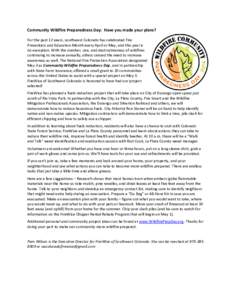 Community Wildfire Preparedness Day: Have you made your plans? For the past 12 years, southwest Colorado has celebrated Fire Prevention and Education Month every April or May, and this year is no exception. With the numb