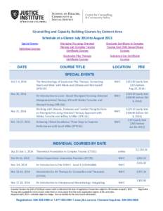 Counselling and Capacity Building Courses by Content Area Schedule at a Glance July 2014 to August 2015 Special Events Individual Courses  DATE