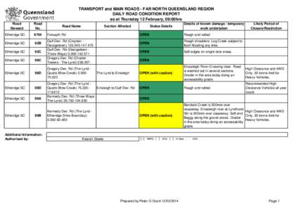 TRANSPORT and MAIN ROADS - FAR NORTH QUEENSLAND REGION DAILY ROAD CONDITION REPORT as at Thursday 12 February, 09:00hrs Road Steward