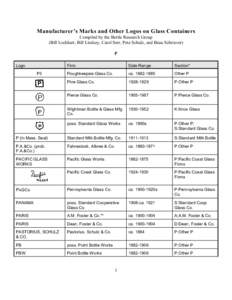 Manufacturer’s Marks and Other Logos on Glass Containers Compiled by the Bottle Research Group (Bill Lockhart, Bill Lindsey, Carol Serr, Pete Schulz, and Beau Schriever) P Logo