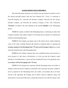 GLOBAL RESOLUTION AGREEMENT This Global Resolution Agreement sets forth the terms and conditions intended to resolve the ongoing unclaimed property audit that Verus Financial LLC (