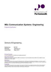 MSc Communication Systems Engineering Programme Specification School of Engineering Reference: Release: