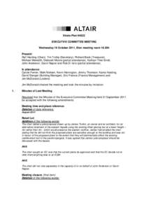 Strata Plan[removed]EXECUTIVE COMMITTEE MEETING Wednesday 19 October 2011, Elan meeting room 18.30h Present: Ralf Harding (Chair), Tim Trollip (Secretary), Richard Beck (Treasurer), Michael Meredith, Deborah Moore (partial