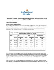 Department of Tourism, Culture and Recreation Backgrounder Year-End Provincial Tourism Performance 2013 Tourism Performance 2013 Overall Visitation and Expenditures: Newfoundland and Labrador’s tourism industry recorde