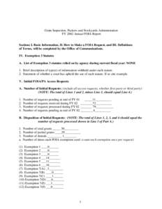 Grain Inspection, Packers and Stockyards Administration FY 2002 Annual FOIA Report Sections I. Basic Information, II. How to Make a FOIA Request, and III. Definitions of Terms, will be completed by the Office of Communic