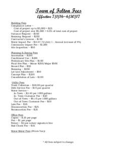 Town of Felton Fees Effective~Building Fees Compliance Letter ~ Cost of project up to $5,000 = $25 Cost of project over $5,000 = 0.5% of total cost of project