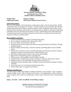 American Samoa Community College Learning Resource Center EMPLOYMENT OPPORTUNITY Position Title: Employment Status: