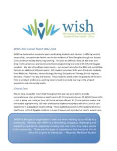 WISH Clinic Annual Report[removed]WISH has had another successful year coordinating students and mentors in offering socially responsible, compassionate health care to the residents of Point Douglas through our Sunday 