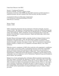 United States Mission to the OSCE Session 2: Fundamental Freedoms I Freedom of thought, conscience, religion or belief Presentation of activities of the ODIHR and other OSCE institutions and field operations to implement