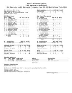 Soccer Box Score (Final) The Automated ScoreBook Old Dominion vs #8 Maryland Terrapins (Sep 24, 2013 at College Park, Md.) Old Dominion[removed]vs. Maryland Terrapins[removed]Date: Sep 24, 2013 • Attendance: 1928